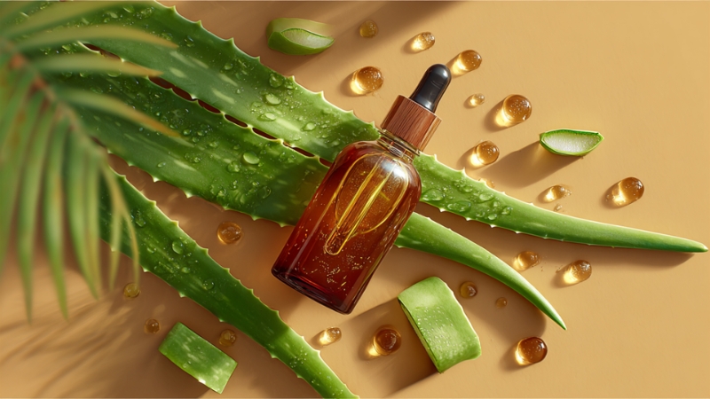 Prirodni sastojci za negu kože uključujući aloe vera biljku i vitamin C serum
